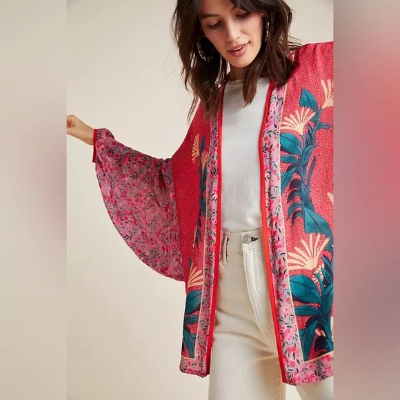 Anthropologie Louise Floral Kimono One Size Boho Coastal Vacation - Picture 2 of 8
